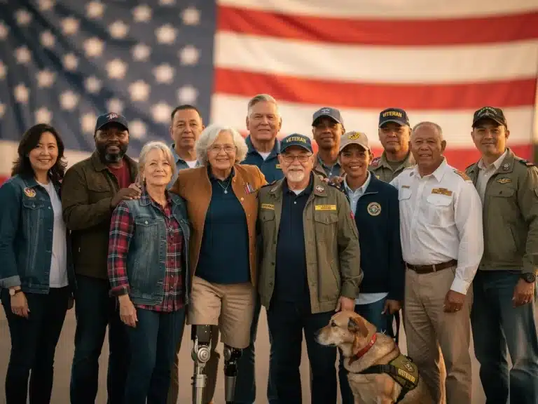 Diverse veterans standing united, symbolizing new benefits and hope for 2026.