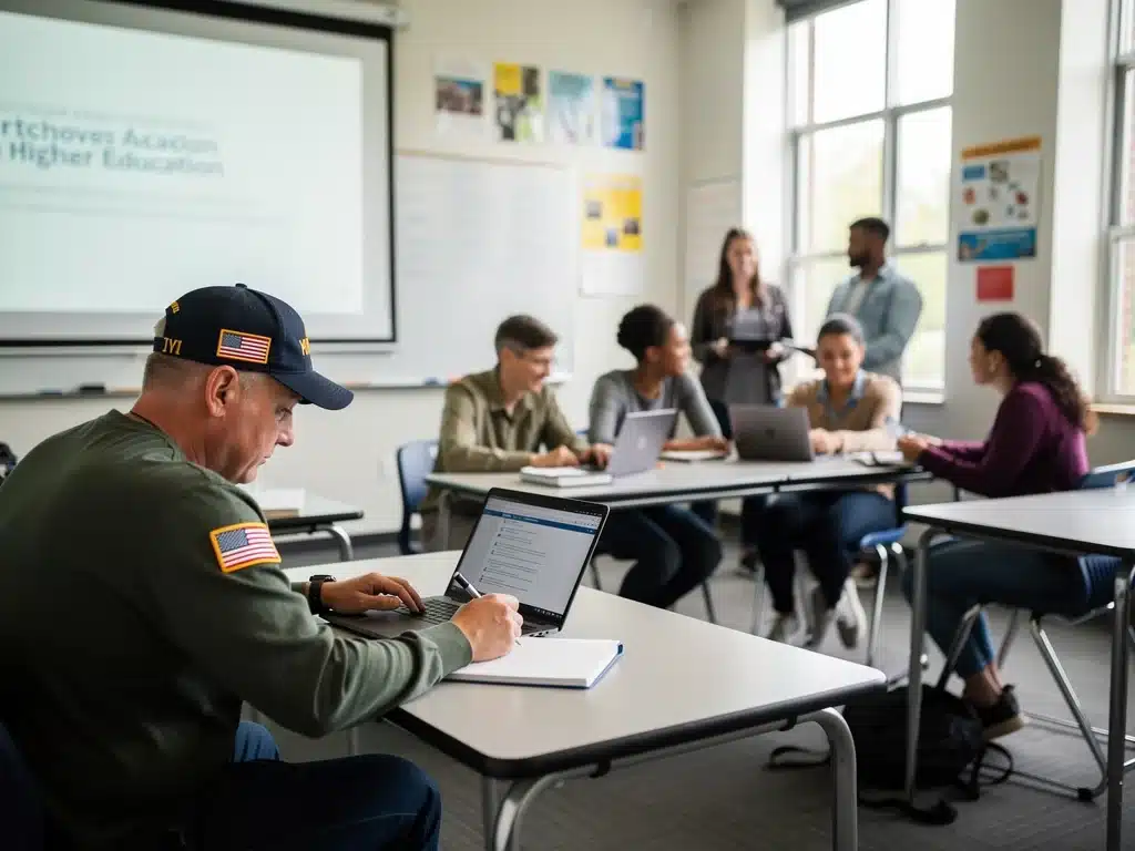 Veteran studying in a modern classroom, utilizing expanded education benefits.