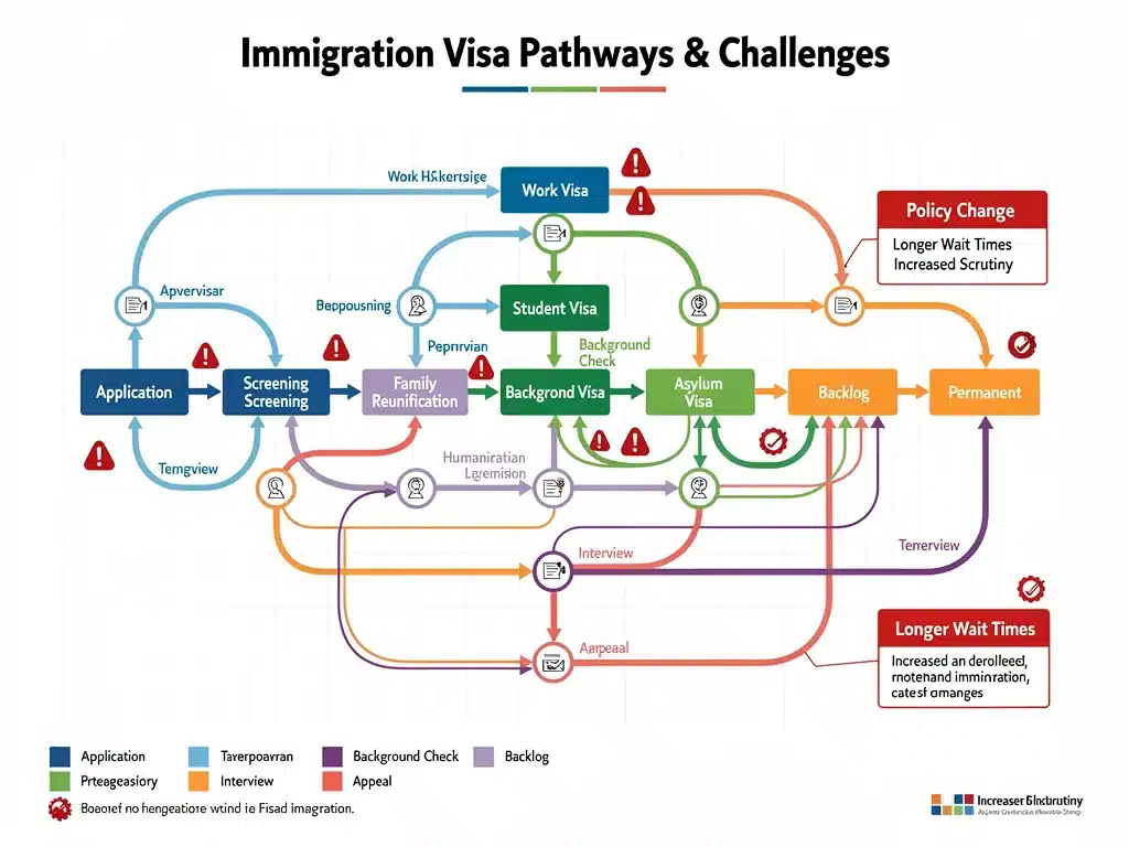 Infographic detailing complex visa categories and immigration processing pathways.