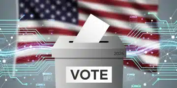 Stylized ballot box with US flag and digital connections representing voting rights legislation.
