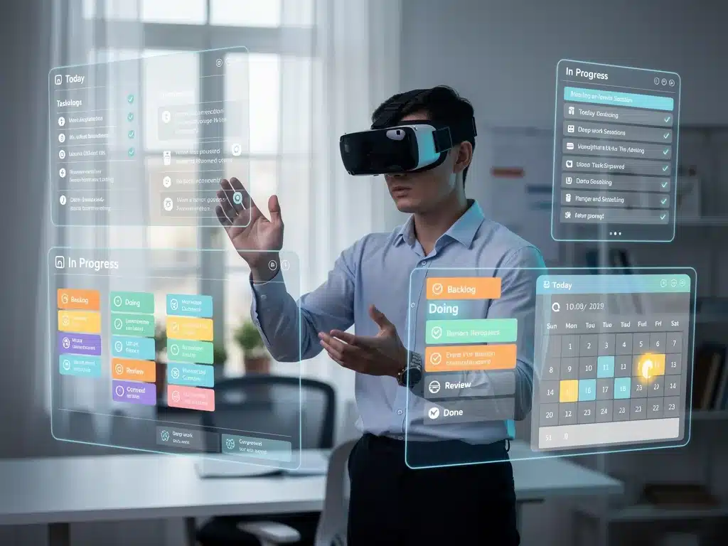 Individual using VR for immersive productivity, managing virtual tasks and projects efficiently.