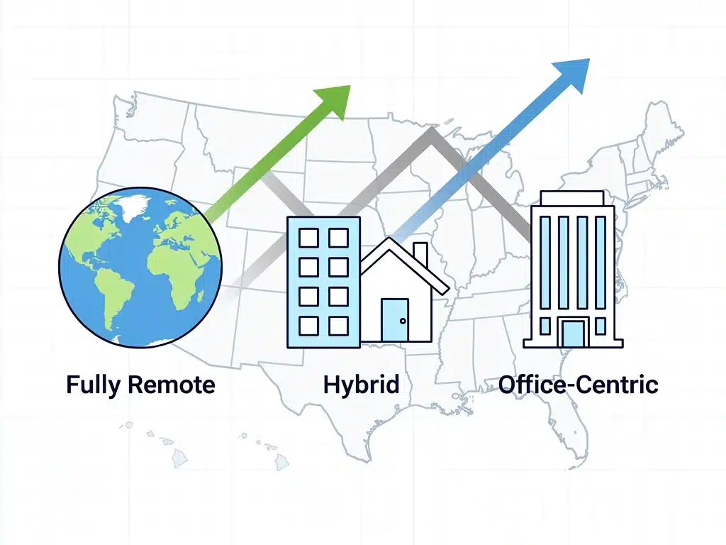 Infographic comparing fully remote, hybrid, and office-centric work models.