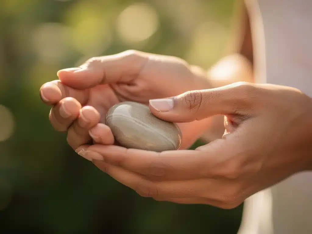 Hands holding a worry stone, demonstrating a tactile grounding technique for anxiety relief.